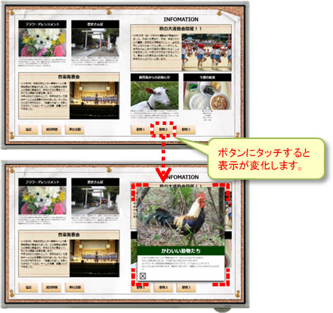 画面:ボタンにタッチすると、ボタン設定画面で設定したとおりに表示が変化します。
