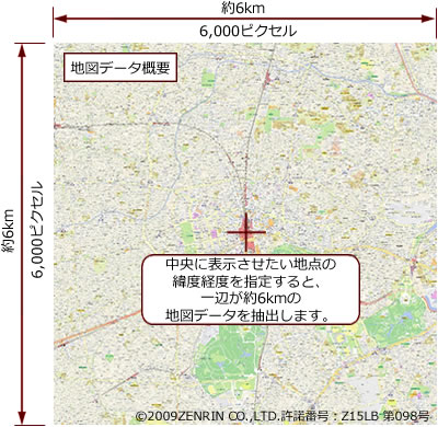 中央に表示させたい地点の緯度経度を指定すると、一辺が約6kmの地図データを抽出します