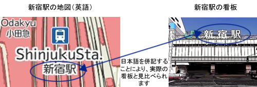 新宿駅の写真と英語で表示された新宿駅地図。日本語と英語が並列表示され、実際の駅看板と地図上の文字を見比べられます