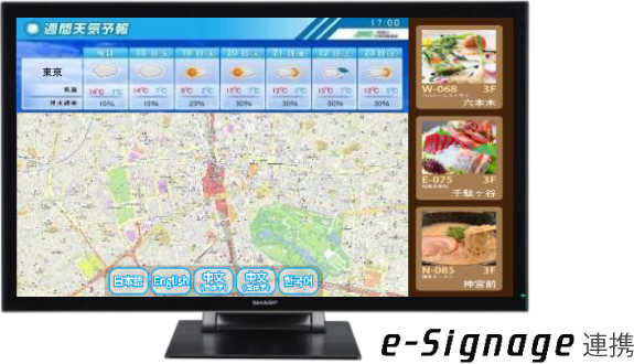イメージ画像:e-Signageと連携し、多言語地図の他、天気予報や近くの飲食店情報もあわせて表示した場合の画面イメージ