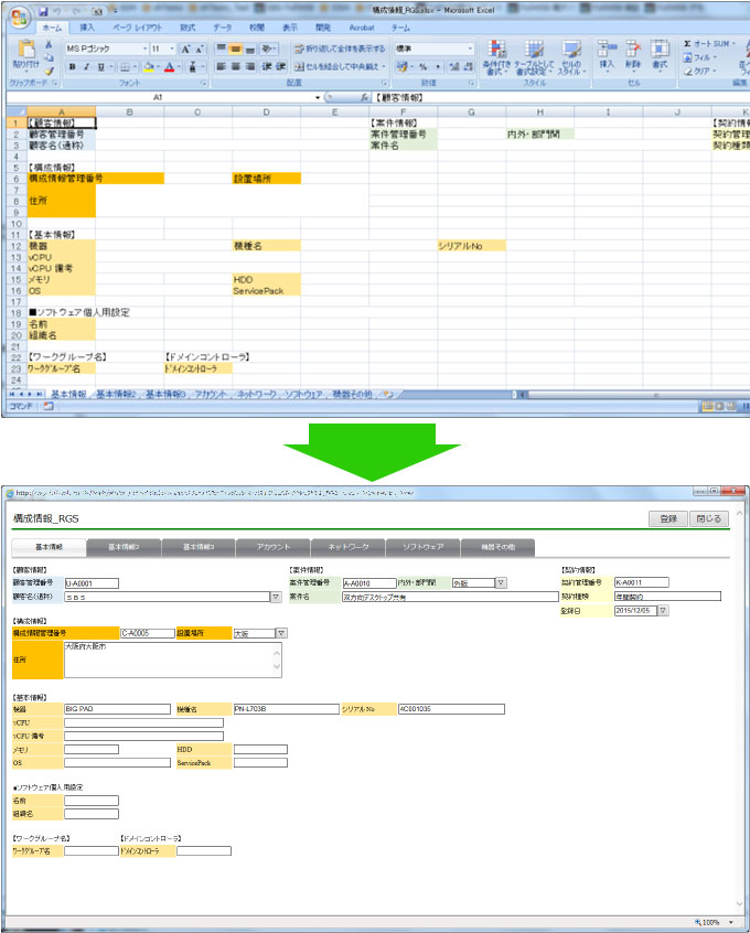 Excelで自由に項目の配置を決め、ブラウザーで利用できる属性表示/編集画面が生成できます