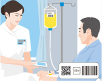 イラスト：病室で患者さんの情報をハンディターミナルで確認しながら点滴を投与するシーン、3点認証シーン