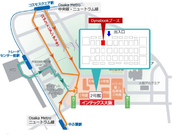 地図：Osaka Metoro 中央線・ニュートラム線「コスモスクエア駅」ニュートラム線「トレードセンター前駅」「中ふ頭駅」からインテックス大阪への道順