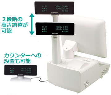 イメージ写真：漢字カスタマディスプレイを2段階の高さ調節をした時のディスプレイの位置。また、カウンターへの設置も可能。